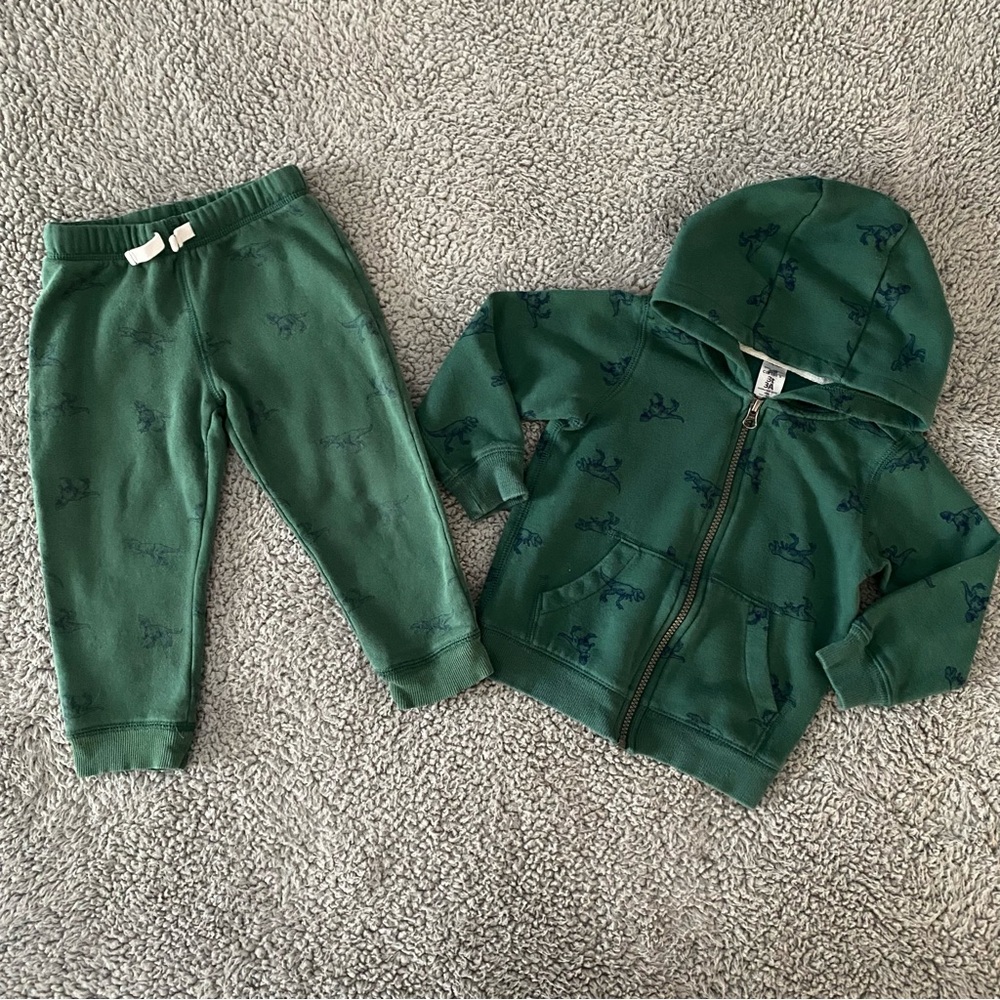 Carter’s Matching Zip Hoodie and Sweatpants Size 3T Green Dinosaurs Boys